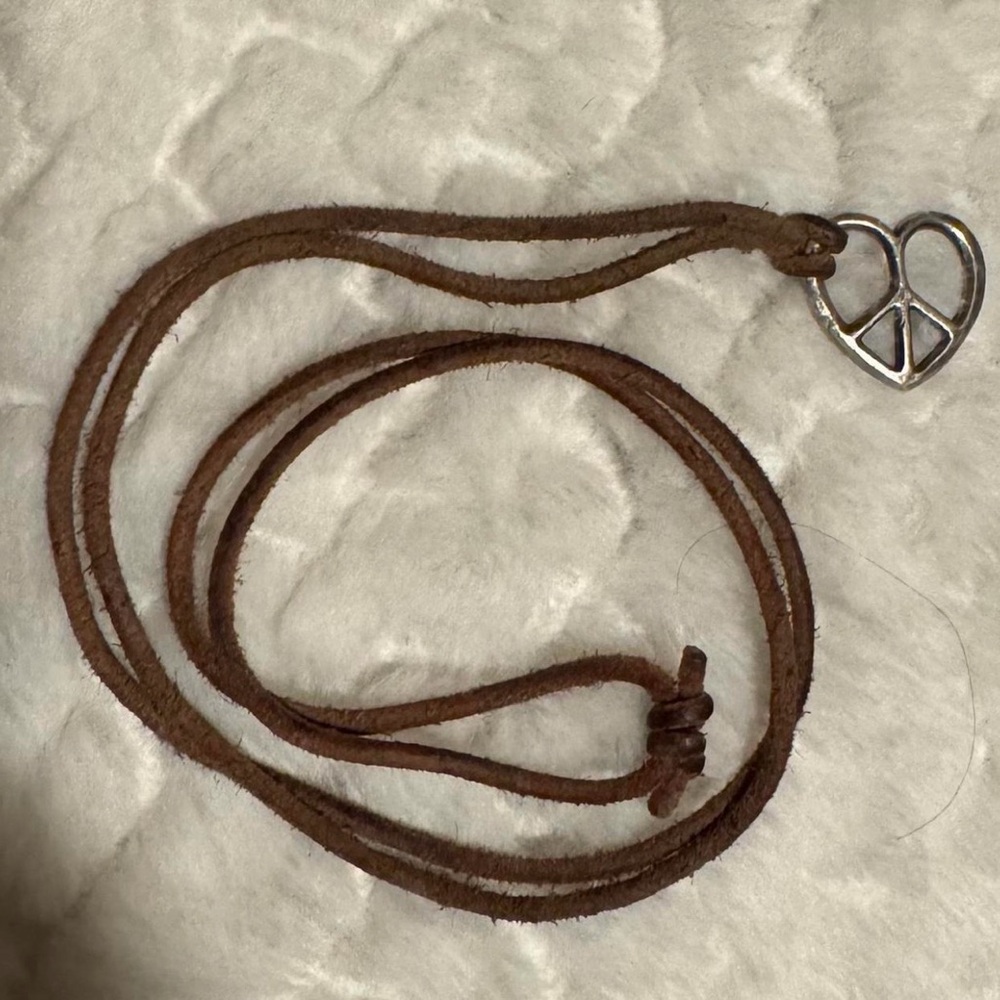 James Avery Brown Leather Necklace with Silver Heart Peace Sign Pendant - Picture 2 of 3